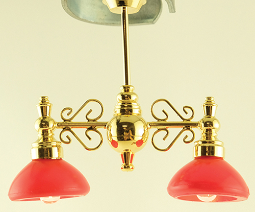 Dollhouse Miniature Billiard Chandelier with Red Shade 12V